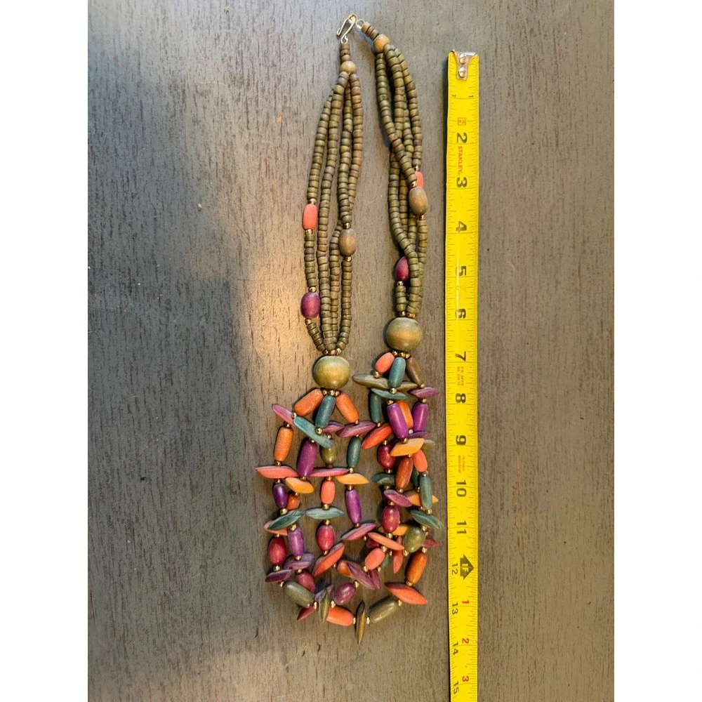 Vintage Colorful Wooden Bead Multi Strand Statement Necklace Boho Bib Earthy